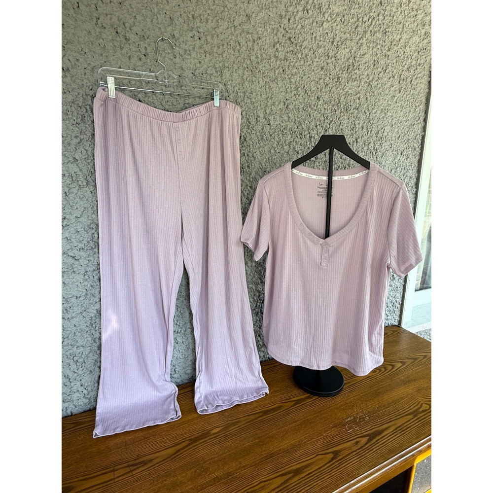Live 2 Lounge Womens Lavender Ribbed Knit Pj Set Henley Top Wide Leg Pants XXL